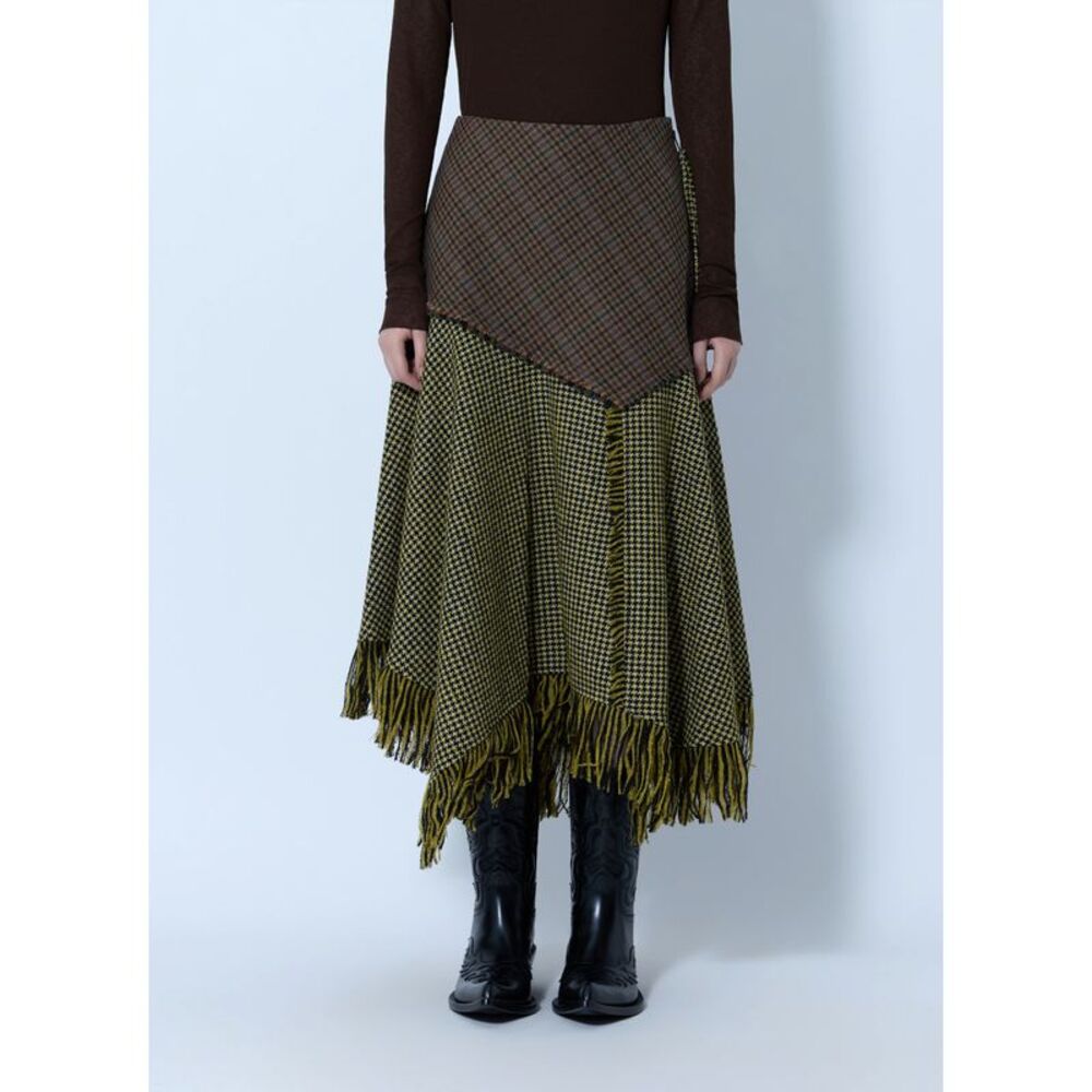 Ganni Women Woollen Check Patchwork Long Skirt